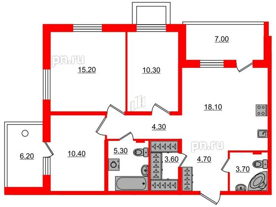 Квартира в ЖК «Юттери», 3 комнатная, 82.2 м², 1 этаж