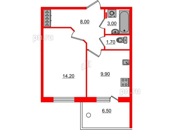 Квартира в ЖК «Юттери», 1 комнатная, 38.8 м², 1 этаж