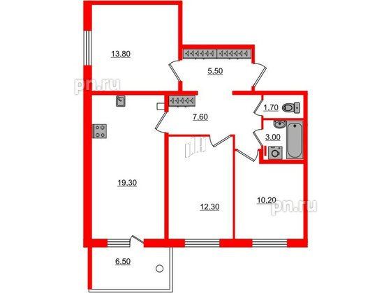 Квартира в ЖК «Юттери», 3 комнатная, 75.4 м², 1 этаж