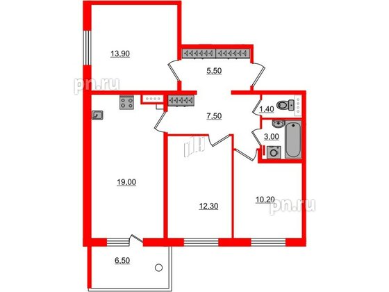 Квартира в ЖК «Юттери», 3 комнатная, 74.8 м², 3 этаж