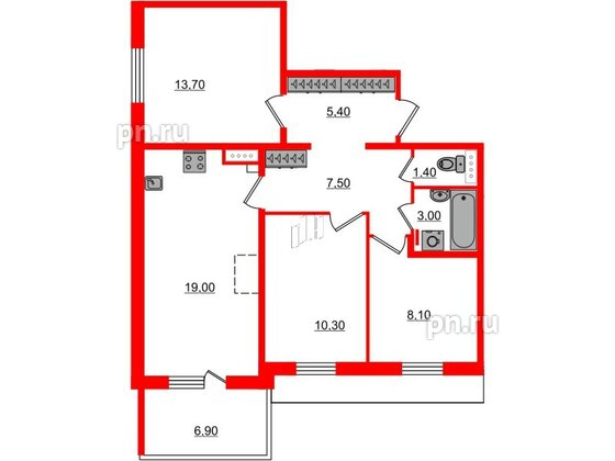 Квартира в ЖК «Юттери», 3 комнатная, 70.5 м², 5 этаж