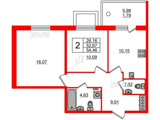 Квартира в ЖК «Юттери», 2 комнатная, 54.5 м², 1 этаж