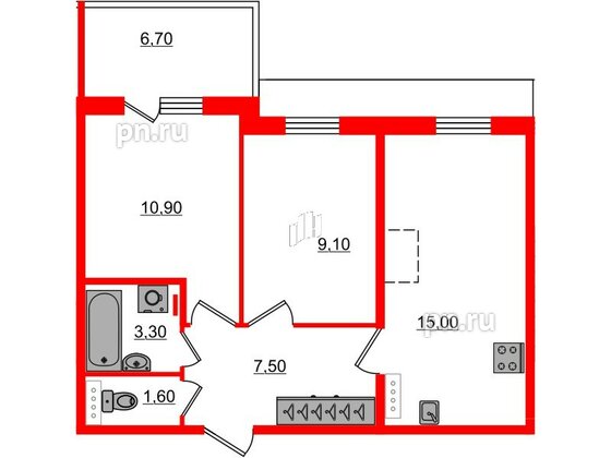 Квартира в ЖК «Юттери», 2 комнатная, 49.4 м², 5 этаж