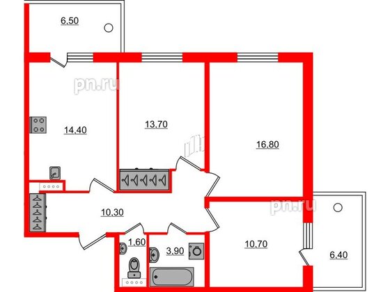 Квартира в ЖК «Юттери», 3 комнатная, 75.3 м², 4 этаж