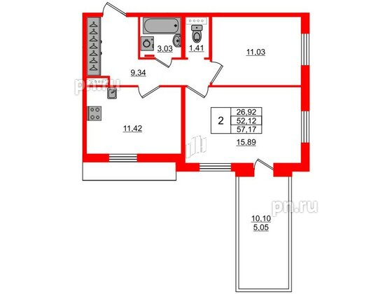 Квартира в ЖК «Юттери», 2 комнатная, 55.9 м², 5 этаж