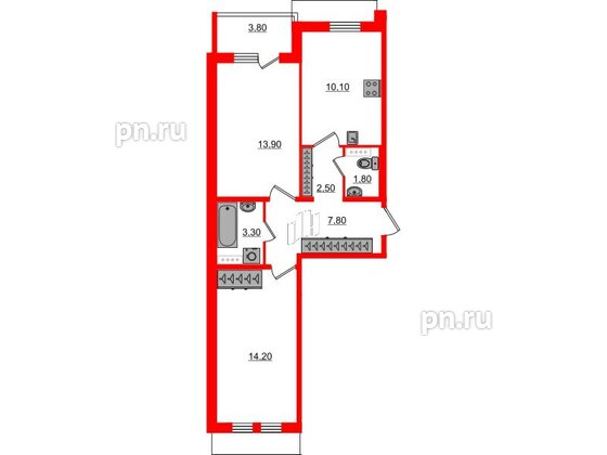 Квартира в ЖК «Юттери», 2 комнатная, 55.5 м², 5 этаж