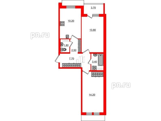 Квартира в ЖК «Юттери», 2 комнатная, 55.5 м², 5 этаж