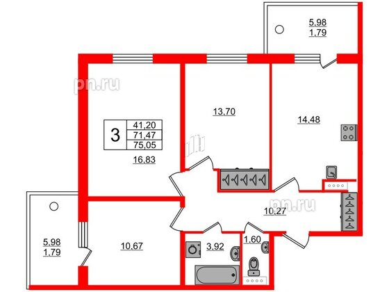 Квартира в ЖК «Юттери», 3 комнатная, 75.3 м², 4 этаж