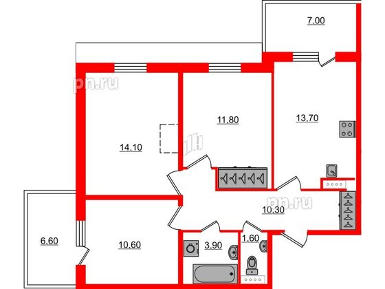 Квартира в ЖК «Юттери», 3 комнатная, 70.1 м², 5 этаж