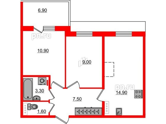 Квартира в ЖК «Юттери», 2 комнатная, 49.3 м², 5 этаж