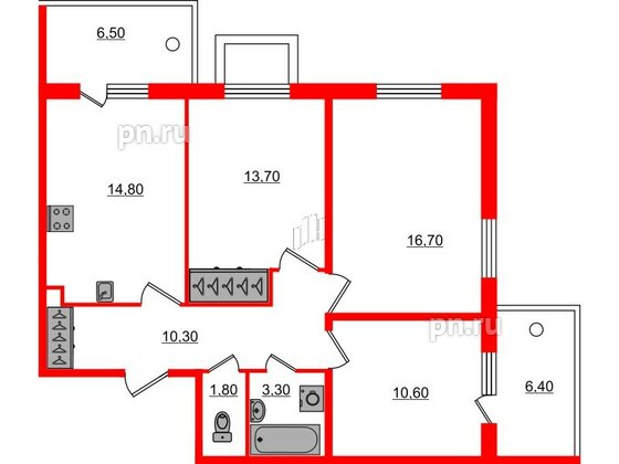 Квартира в ЖК «Юттери», 3 комнатная, 75.1 м², 1 этаж