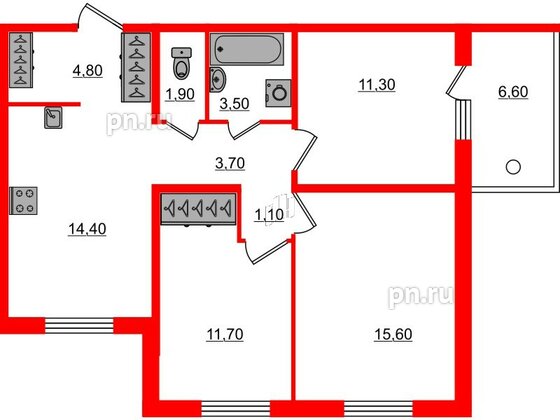 Квартира в ЖК «Юттери», 3 комнатная, 70 м², 1 этаж