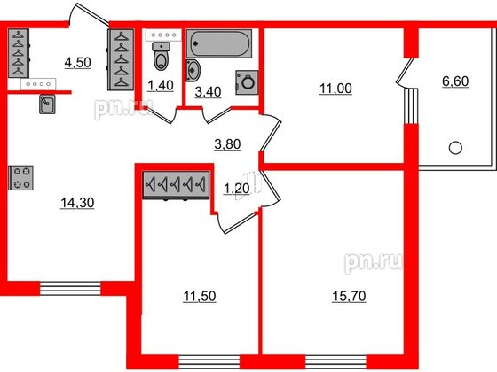 Квартира в ЖК «Юттери», 3 комнатная, 68.8 м², 2 этаж