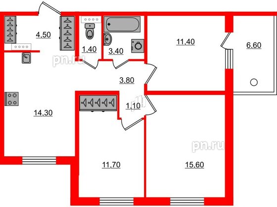 Квартира в ЖК «Юттери», 3 комнатная, 69.2 м², 4 этаж