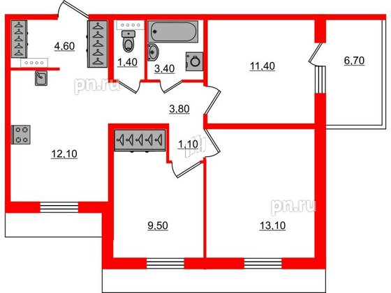 Квартира в ЖК «Юттери», 3 комнатная, 62.4 м², 5 этаж