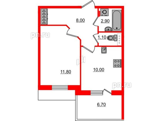 Квартира в ЖК «Юттери», 1 комнатная, 35.8 м², 5 этаж