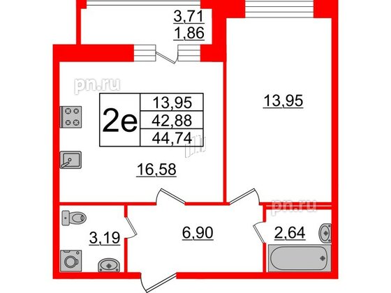 Квартира в ЖК Modum, 1 комнатная, 44.74 м², 4 этаж