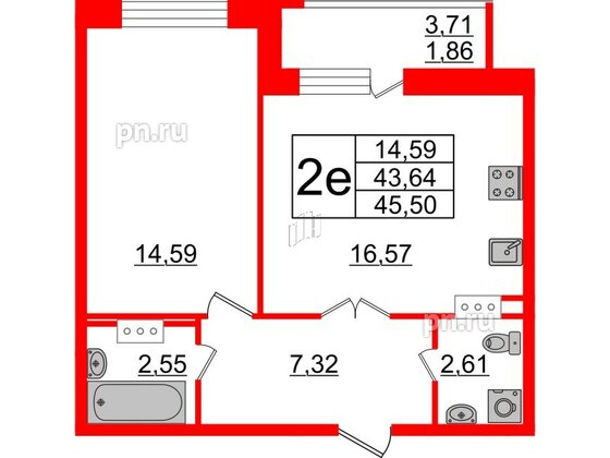 Квартира в ЖК Modum, 1 комнатная, 45.5 м², 5 этаж