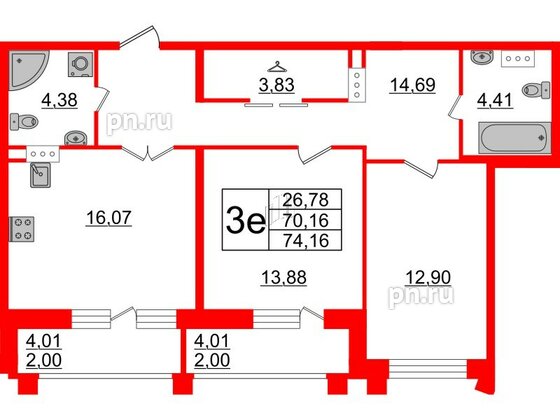 Квартира в ЖК Modum, 2 комнатная, 74.16 м², 12 этаж