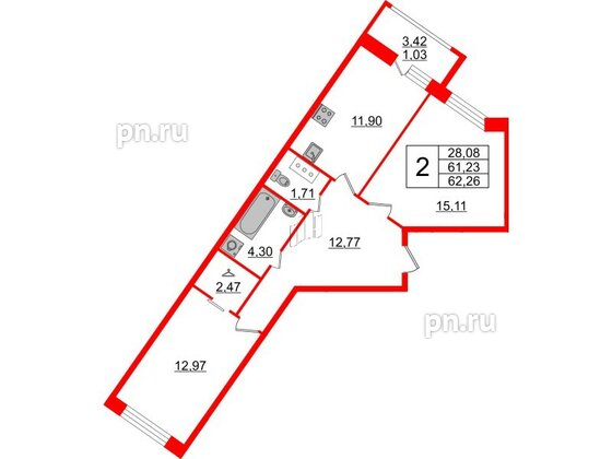 Квартира в ЖК Modum, 2 комнатная, 62.26 м², 6 этаж