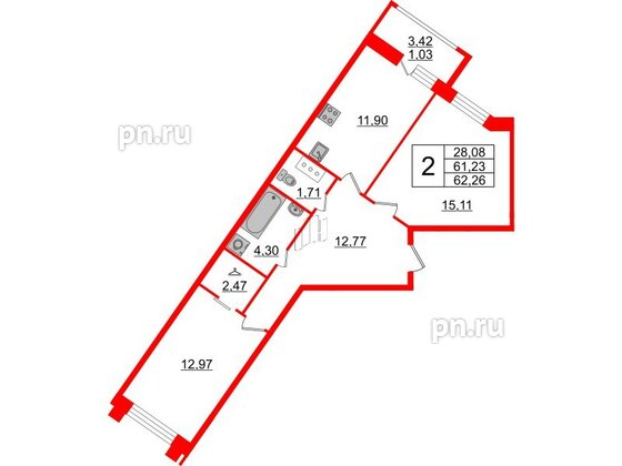 Квартира в ЖК Modum, 2 комнатная, 62.26 м², 12 этаж