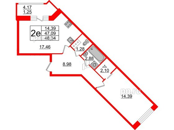 Квартира в ЖК Modum, 1 комнатная, 48.34 м², 9 этаж