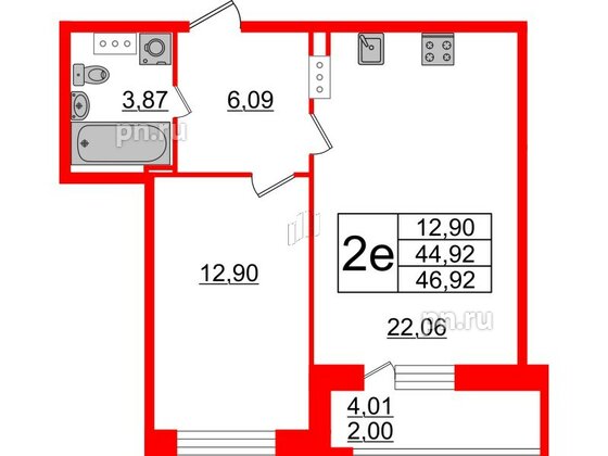 Квартира в ЖК Modum, 1 комнатная, 46.92 м², 6 этаж