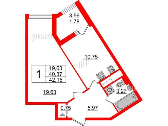 Квартира в ЖК GloraX Заневский, 1 комнатная, 42.15 м², 10 этаж