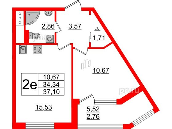 Квартира в ЖК GloraX Заневский, 1 комнатная, 37.1 м², 12 этаж