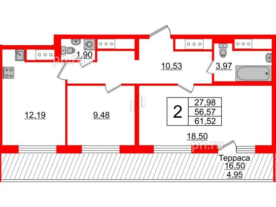 Квартира в ЖК GloraX Заневский, 2 комнатная, 61.52 м², 14 этаж