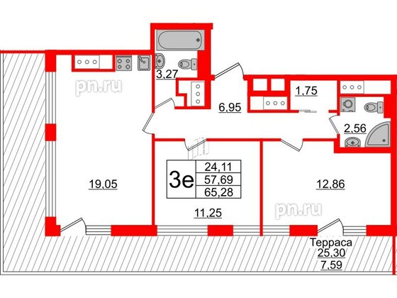 Квартира в ЖК GloraX Заневский, 2 комнатная, 65.28 м², 14 этаж