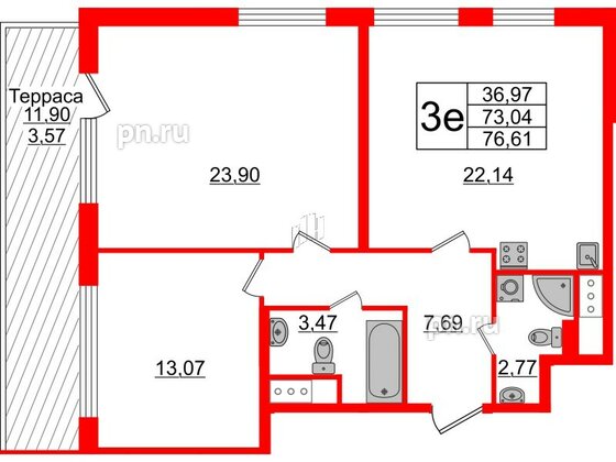 Квартира в ЖК GloraX Заневский, 2 комнатная, 76.61 м², 14 этаж