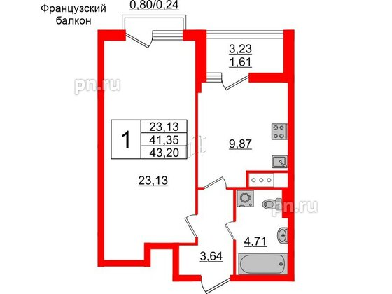 Квартира в ЖК GloraX Заневский, 1 комнатная, 43.2 м², 13 этаж