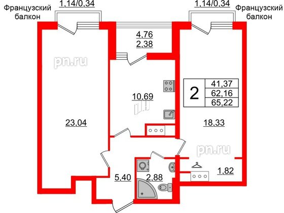 Квартира в ЖК GloraX Заневский, 2 комнатная, 65.22 м², 14 этаж