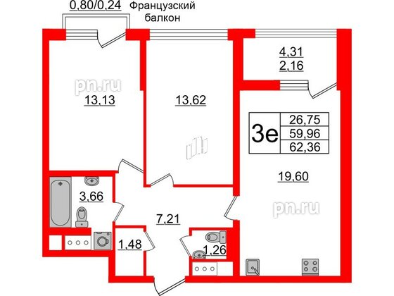 Квартира в ЖК GloraX Заневский, 2 комнатная, 62.36 м², 3 этаж