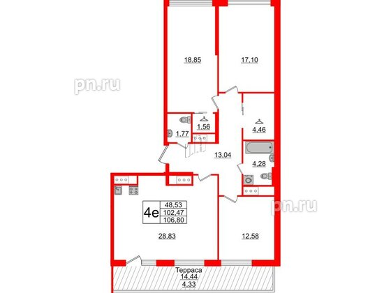 Квартира в ЖК GloraX Заневский, 3 комнатная, 106.8 м², 14 этаж