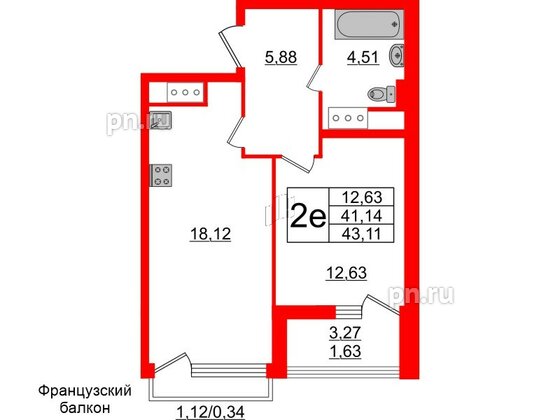 Квартира в ЖК GloraX Заневский, 1 комнатная, 43.11 м², 4 этаж