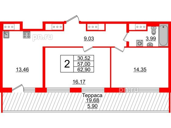 Квартира в ЖК GloraX Заневский, 2 комнатная, 62.9 м², 14 этаж