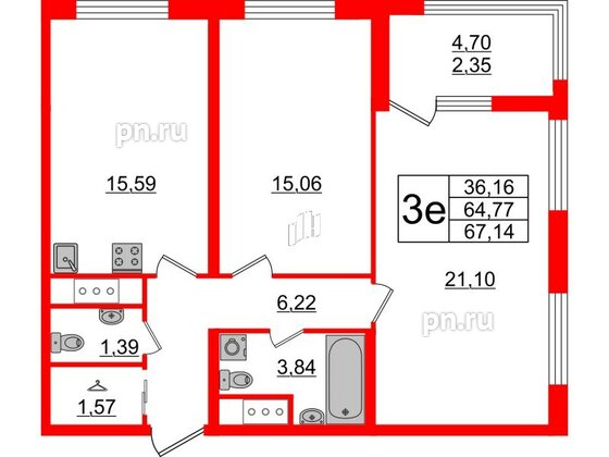 Квартира в ЖК GloraX Заневский, 2 комнатная, 67.14 м², 7 этаж