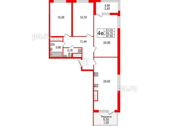 Квартира в ЖК GloraX Заневский, 3 комнатная, 97.55 м², 14 этаж