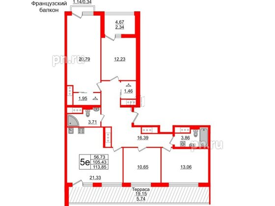 Квартира в ЖК GloraX Заневский, 4 комнатная, 113.85 м², 14 этаж