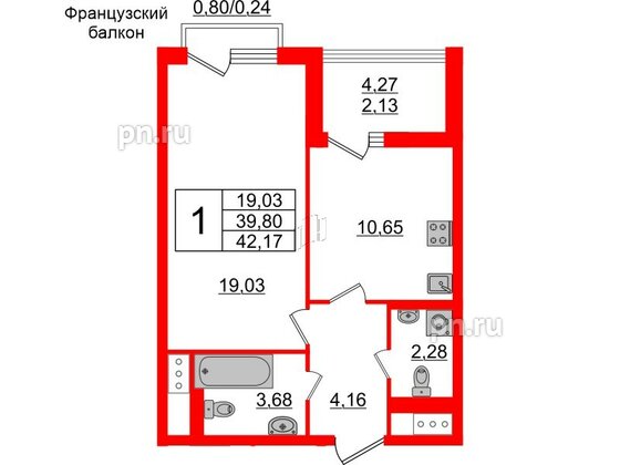 Квартира в ЖК GloraX Заневский, 1 комнатная, 42.17 м², 12 этаж