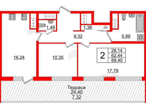 Квартира в ЖК GloraX Заневский, 2 комнатная, 69.4 м², 14 этаж