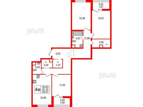 Квартира в ЖК GloraX Заневский, 3 комнатная, 94.31 м², 2 этаж