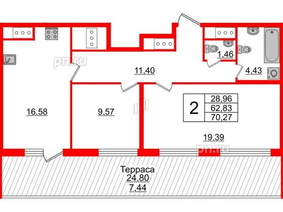 Квартира в ЖК GloraX Заневский, 2 комнатная, 70.27 м², 14 этаж