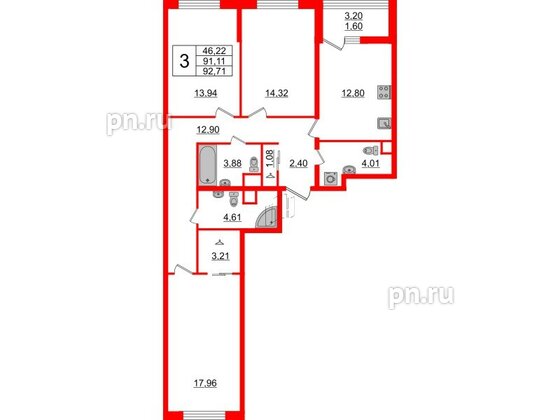 Квартира в ЖК GloraX Заневский, 3 комнатная, 92.71 м², 2 этаж