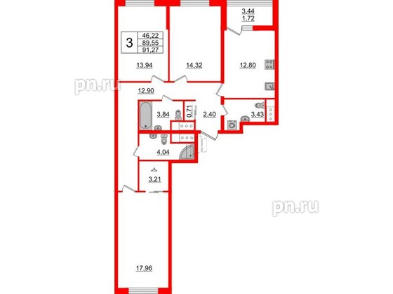 Квартира в ЖК GloraX Заневский, 3 комнатная, 91.27 м², 3 этаж