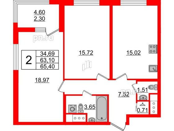 Квартира в ЖК GloraX Заневский, 2 комнатная, 65.4 м², 8 этаж