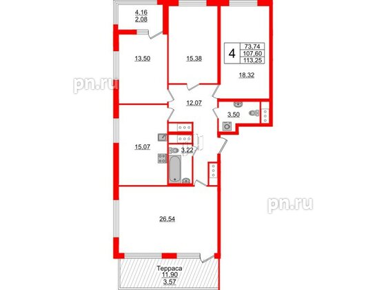 Квартира в ЖК GloraX Заневский, 4 комнатная, 113.25 м², 14 этаж