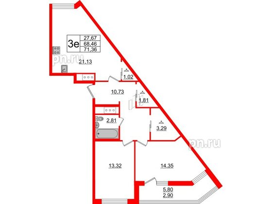 Квартира в ЖК GloraX Заневский, 2 комнатная, 71.36 м², 3 этаж